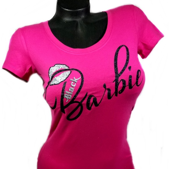 Fashion Junky Tops - Hot Pink Black Barbie fitted Spandex Tee.